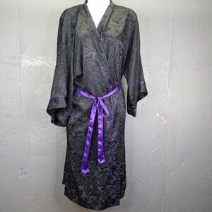 Vtg Victoria Secret Gold Label Robe One Size Satin Rose Black Purple Tie Kimono